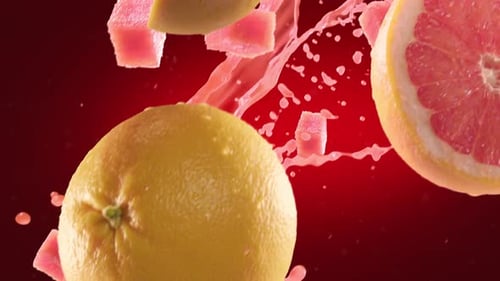 Pomelo con rodajas cayendo sobre fondo rojo intenso