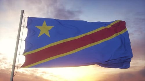 Democratic Republic of Congo Flag Waving Against Sunset Sky