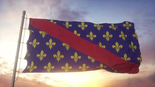 Animated Fleur-de-lis Flag Waving Against a Sunset Sky