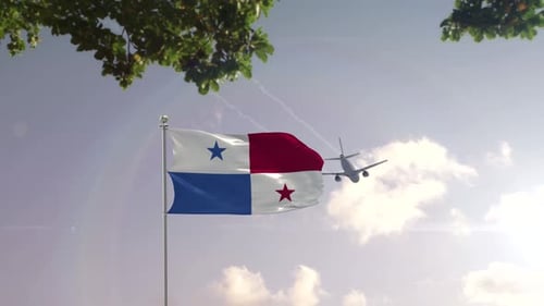 Panama Flag Waving with Airplane Flying Over City Skyline