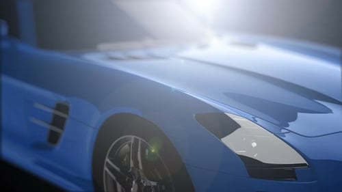 Luxury Blue Sports Car Reveal with Dynamic Lens Flare