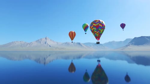 Multi-colored hot air balloons over the lake surrounded by mountains. Blue sky.