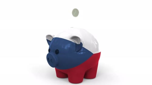 Coins Fall Into Piggy Bank Painted with Flag of the Czech Republic