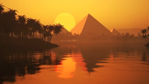 Lake with palms, sand, and silhouettes of the ancient pyramids on the horizon.