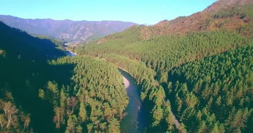 Voo de baixa altitude sobre o rio fresco e rápido da montanha com rochas na manhã ensolarada de verão.