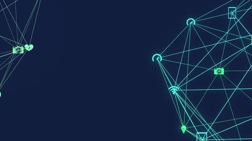Animation of two globes of network connections with multimedia icons