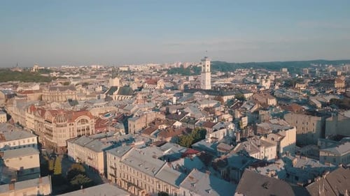 Aerial City Lviv, Ukraine. European City. Popular Areas of the City. Town Hall