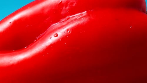 Vibrant Red Pepper Extreme Close Up on Blue
