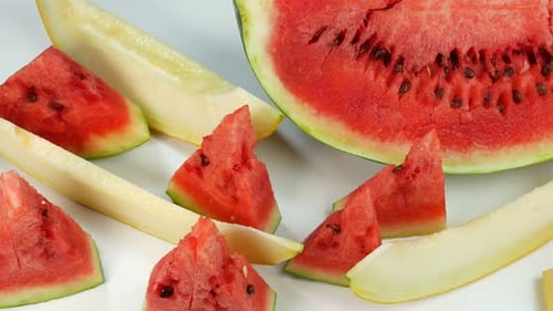 Watermelon and Melon Slices Displayed on White Surface