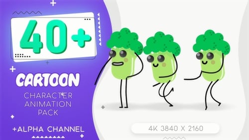 Flat Design Cartoon Broccoli Character Action and Emotion Animations Pack