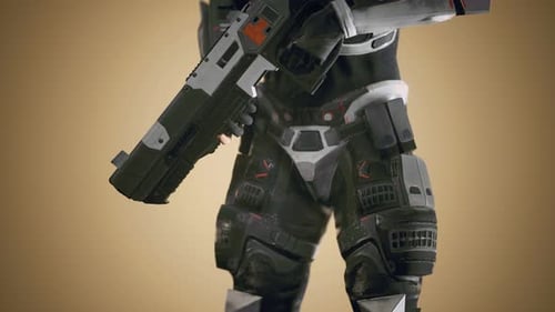 Soldat futuriste en armure d'acier avec le pistolet Cyber Punk