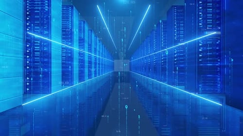 Futuristic Data Server Room with Digital Network Lines Animation