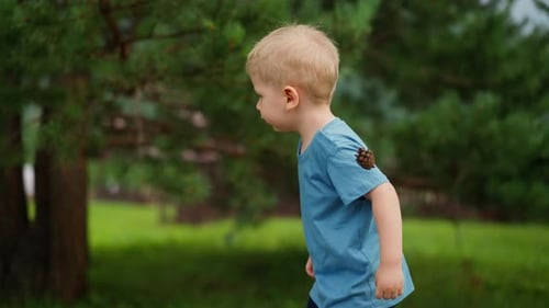 Toddler Child Surprises When Pine Cone Strikes Arm in Forest