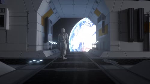 Astronaut Stares at Glowing Earth from Futuristic Space Station