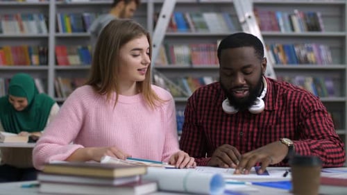Multiracial Students Studying Together in Library