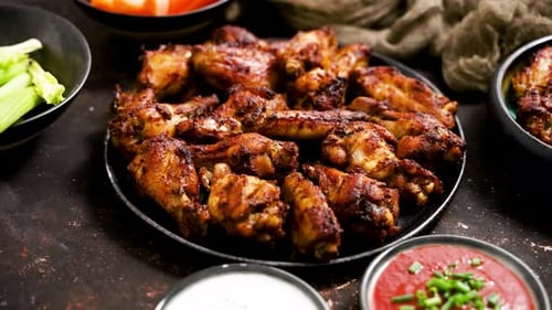 Delicious Cooked Chicken Wings with Sauce and Vegetables