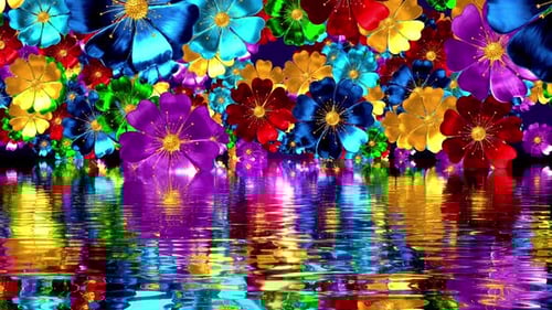 Vibrant Metallic Flowers Reflected in Water Animation