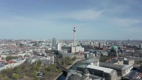 AERIAL: Wide View of Empty Berlin, Germany Alexanderplatz TV Tower with Almost No People or Cars on