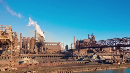 Aerial View. Metallurgical Production, Operation of Blast Furnaces, Crane Work, Hyperlapse