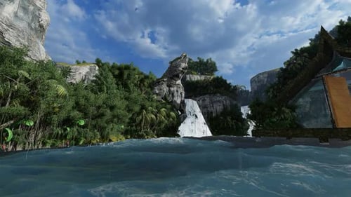 Animated Tropical Landscape with Waterfall and Wolf Rock