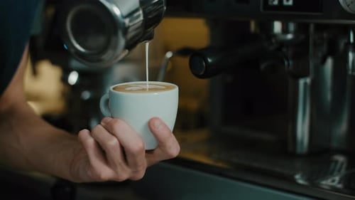 Barista making latte art in specialty coffee shop.