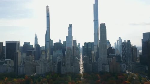 Tall Modern Skyscrapers and Large Historic Buildings on South End of Central Park