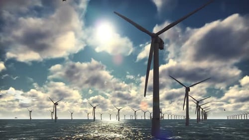 Offshore Wind Farm with Spinning Turbines and Sunlit Clouds
