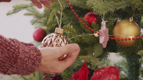 Decorating Christmas Tree with Festive Ornaments