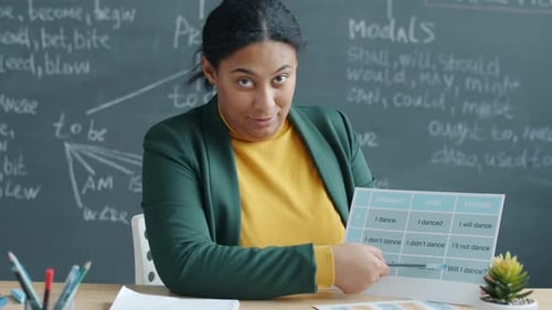 Teacher Explaining Verb Conjugations in a Classroom