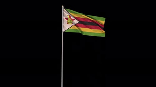 Zimbabwe National Flag Waving on Flagpole with Realistic Texture
