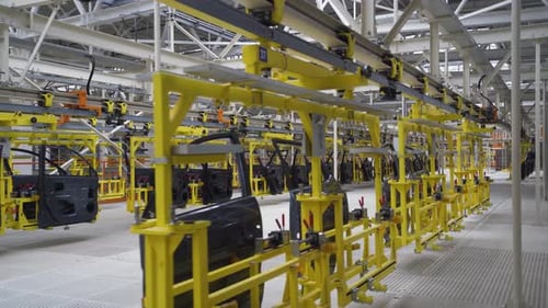 Automobile Plant, Modern Production of Cars, Transportation of Ready Car Doors on the Production