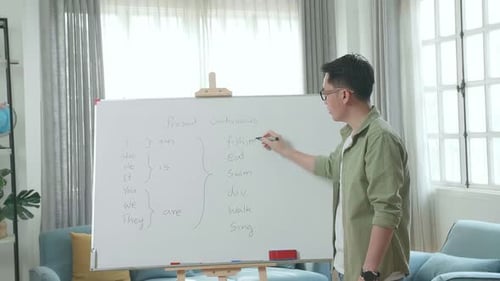 Man Explaining English Grammar Beside Whiteboard