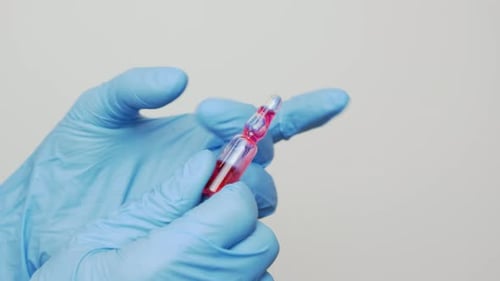 Blue Gloves Hold Ampule with Red Liquid