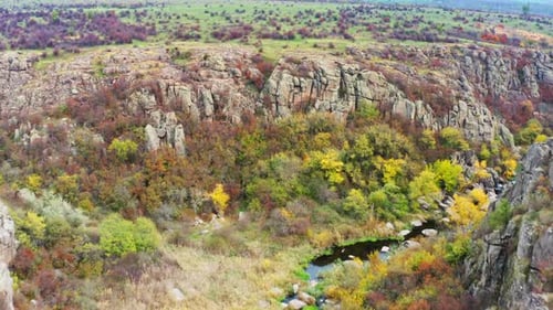 A Picturesque Stream Flows in the Aktovsky Canyon Surrounded By Autumn Trees and Large Stone