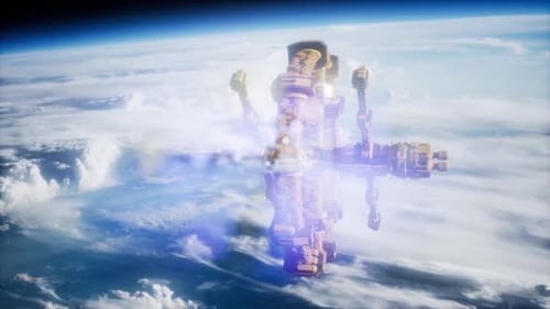 Futuristic Space Station Orbiting Planet Earth Animation