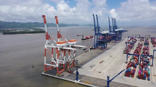 4k stock: Aerial view, top view cargo ship port in the export, import business