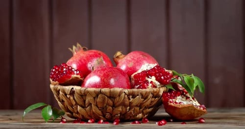 Ripe Pomegranates in the Basket Rotate Slowly.