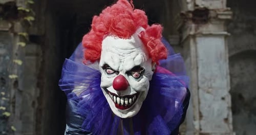 Scary Clown Poses in Front of a Stone Building