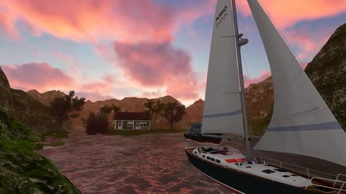 Animated Sailboat and Ship Passing Coastal Island House at Sunset