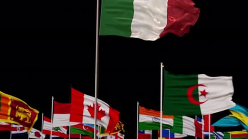 Waving Italian National Flag with Blurred International Flags