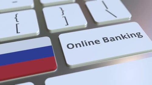 Online Banking Text and Flag of Russia on the Keyboard