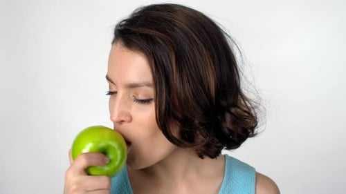 Woman Eating a Green Apple Close Up