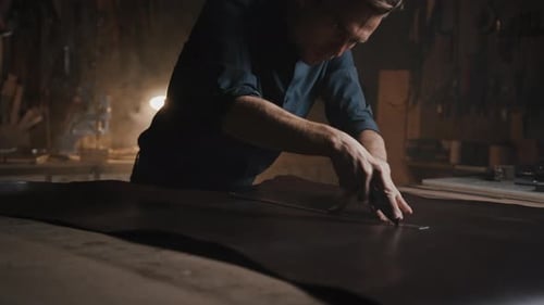 Man Cutting Leather With Blade and Metal Ruler