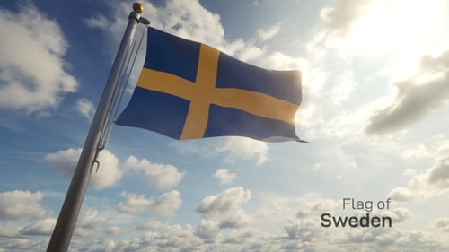 Sweden Flag Waving on Flagpole with Sunny Clouds