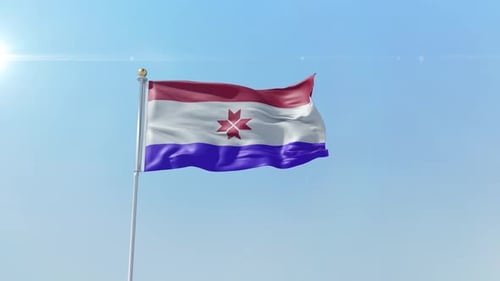 Realistic Waving Flag on Flagpole with Blue Sky Background