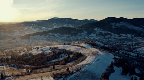 Fantastic Mountain Landscape on a Winter Morning Aerial View of Winter Forest at Sunrise Frosty