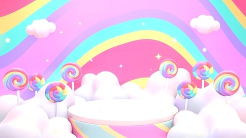 Whimsical Candy Lollipops Podium and Rainbow Background
