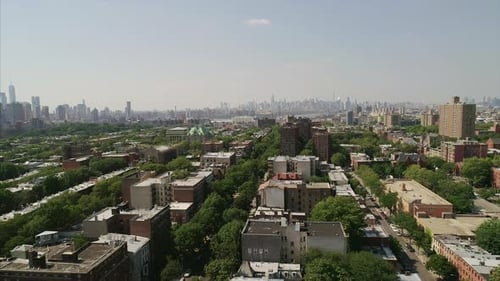 Aerial Wide shot of Brooklyn Heights neighborhood with NYC Manhattan Skyline