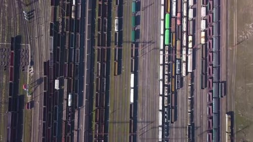 Aerial View of Railway Sorting Station and A Lot of Wagons at a Railway