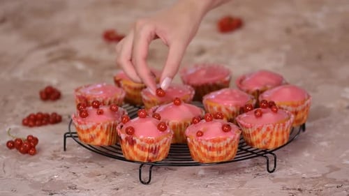 Decorating Pink Cupcakes with Fresh Red Currants